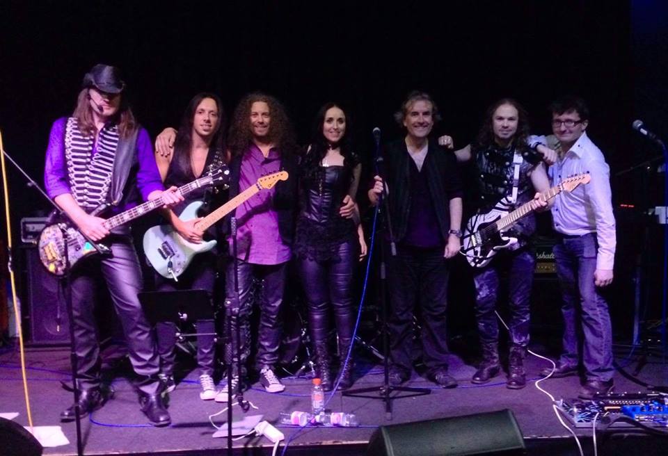 Leather And Lace (l-r) Gary (bass) Dan (guitar), Paul (vox), Tanyth (vox), Me (drums), Micky (guitar), Oscar (keyboards)
