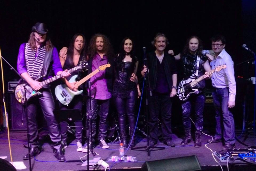 Leather And Lace (l-r) Gary (bass) Dan (guitar), Paul (vox), Tanyth (vox), Me (drums), Micky (guitar), Oscar (keyboards)