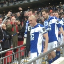 Stephen Carr leads the Blues lads down the steps with the Cup-my grin was wider!